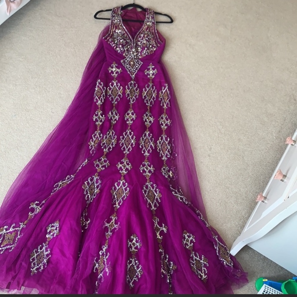 Beautiful gems silver, gold and purple dress prom engagement evening night dress